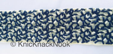 Beige Sheer Tissue Fabric Trim With Cotton Thread Embroidery In Blue, Grey And Off White, Fabric Lace